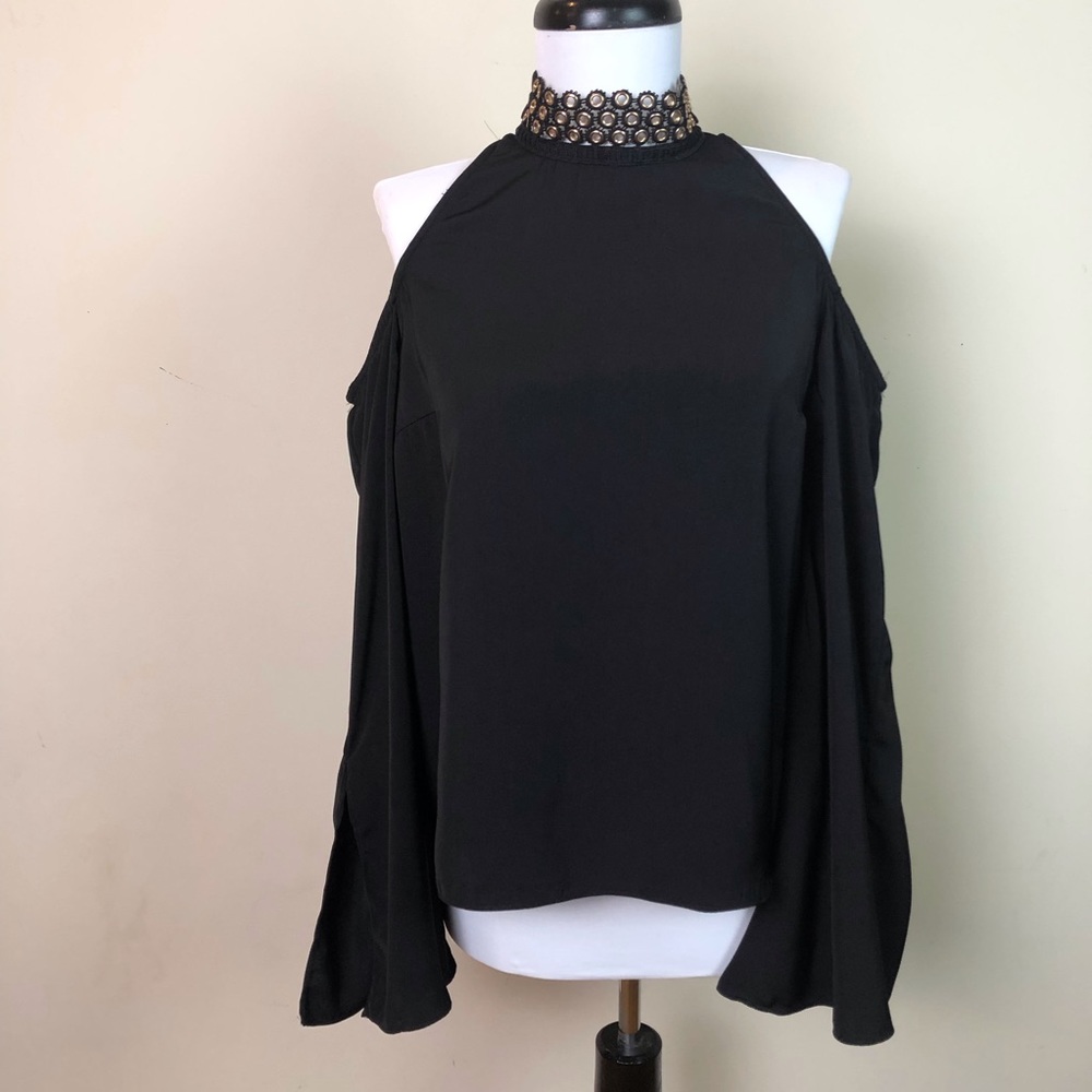 Do+Be Black Cold Shoulder Blouse with Gold Detail